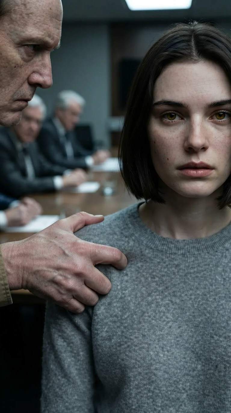 A doctor's hand clamps hard on a young woman's shoulder in a boardroom.
