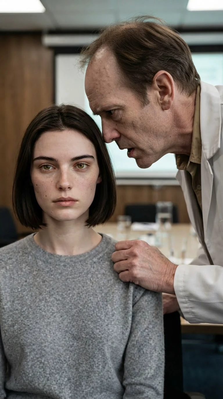 A doctor leans down close to a seated young woman, speaking a threat into her ear.