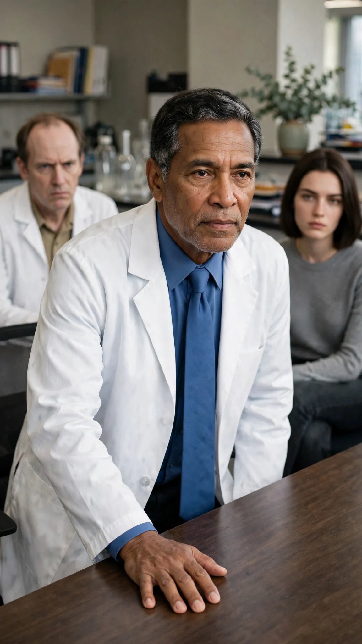A senior surgeon in a white coat stands up at the board table.