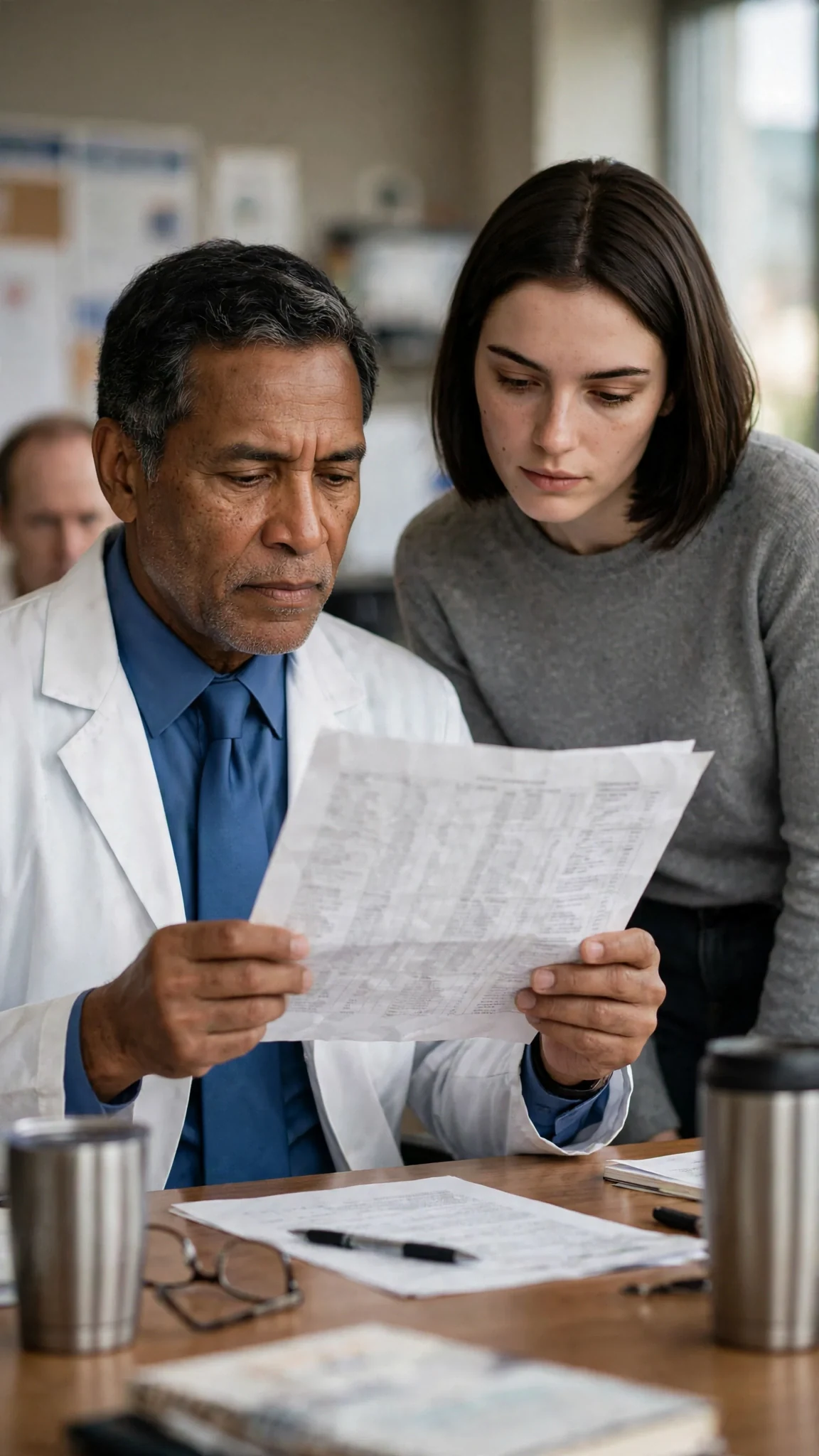 A surgeon studies a medication chart while a young woman stands beside him.