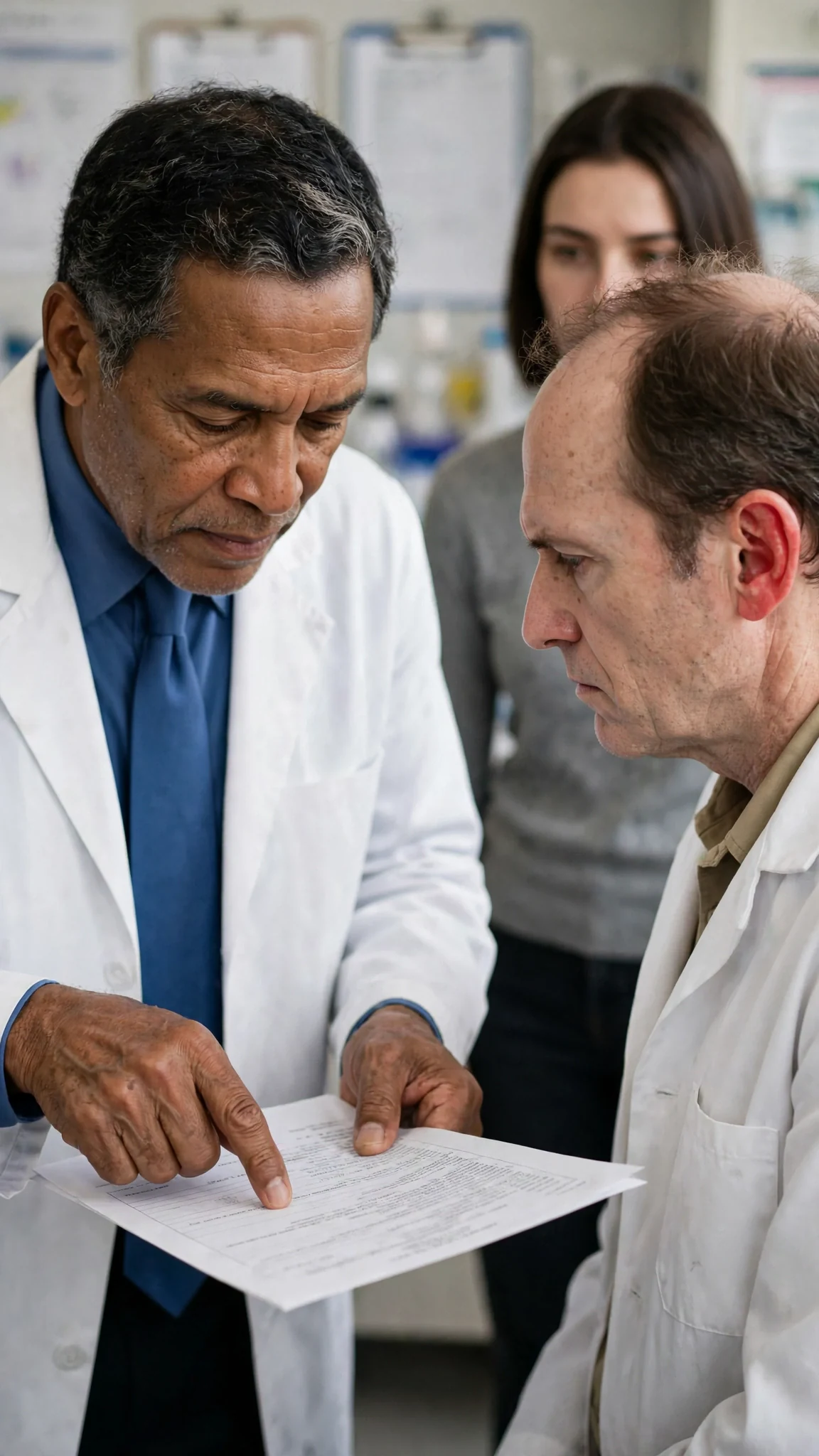 A surgeon's finger taps a medication order in front of a silent doctor.