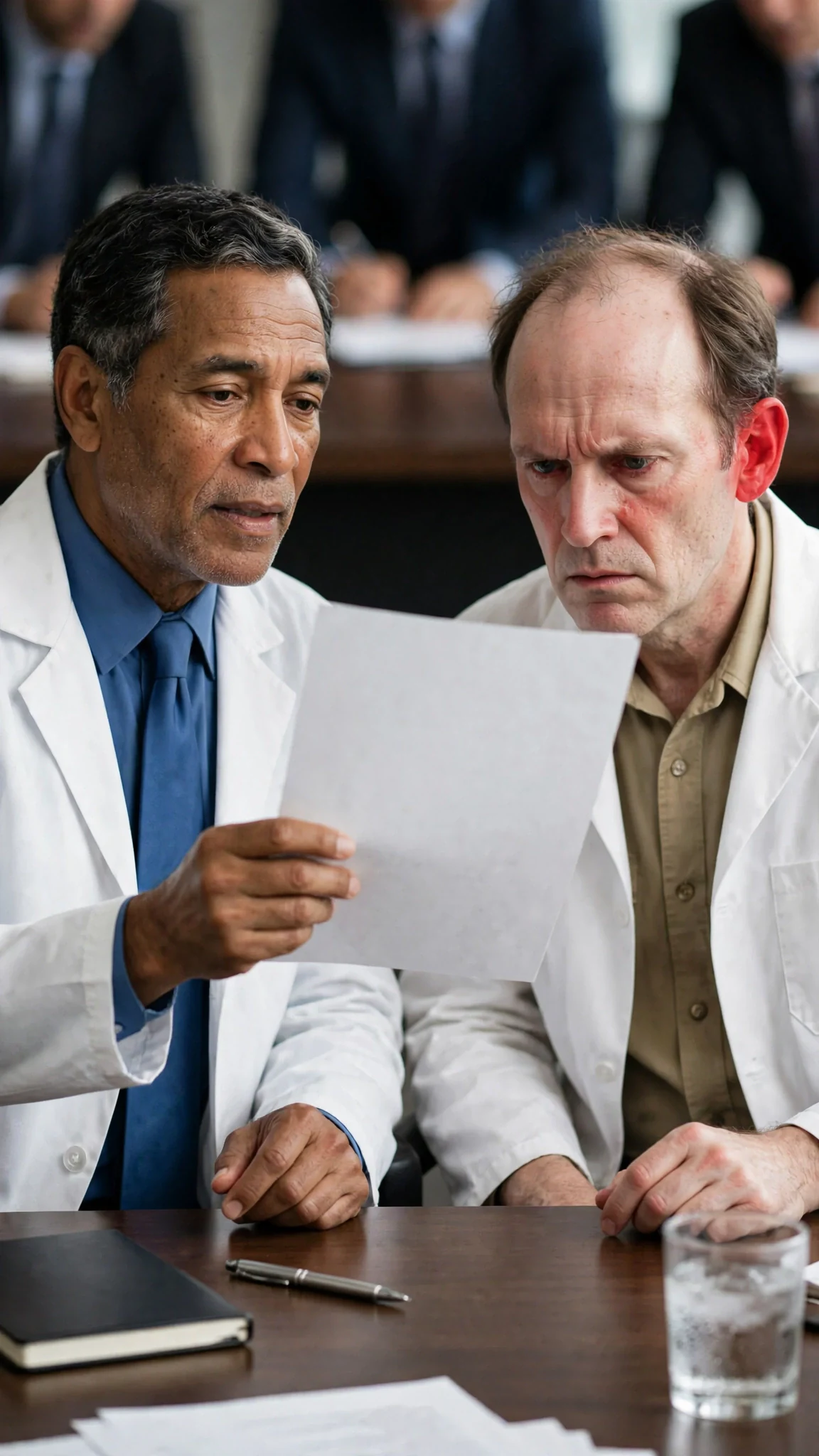 A surgeon turns a signed order sheet toward a silent doctor.