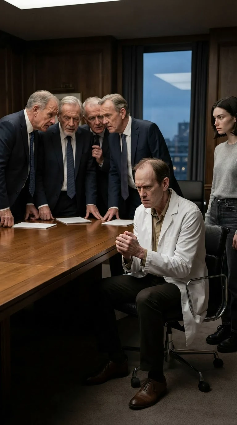 Board members murmur together at a long table while a doctor sits alone.