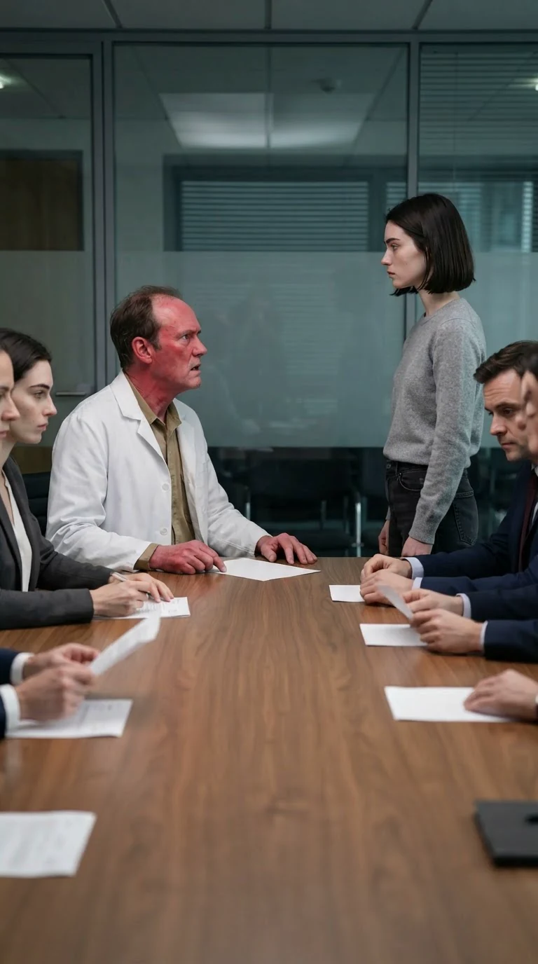 A doctor at a board table with a red neck stares down while a young woman watches.