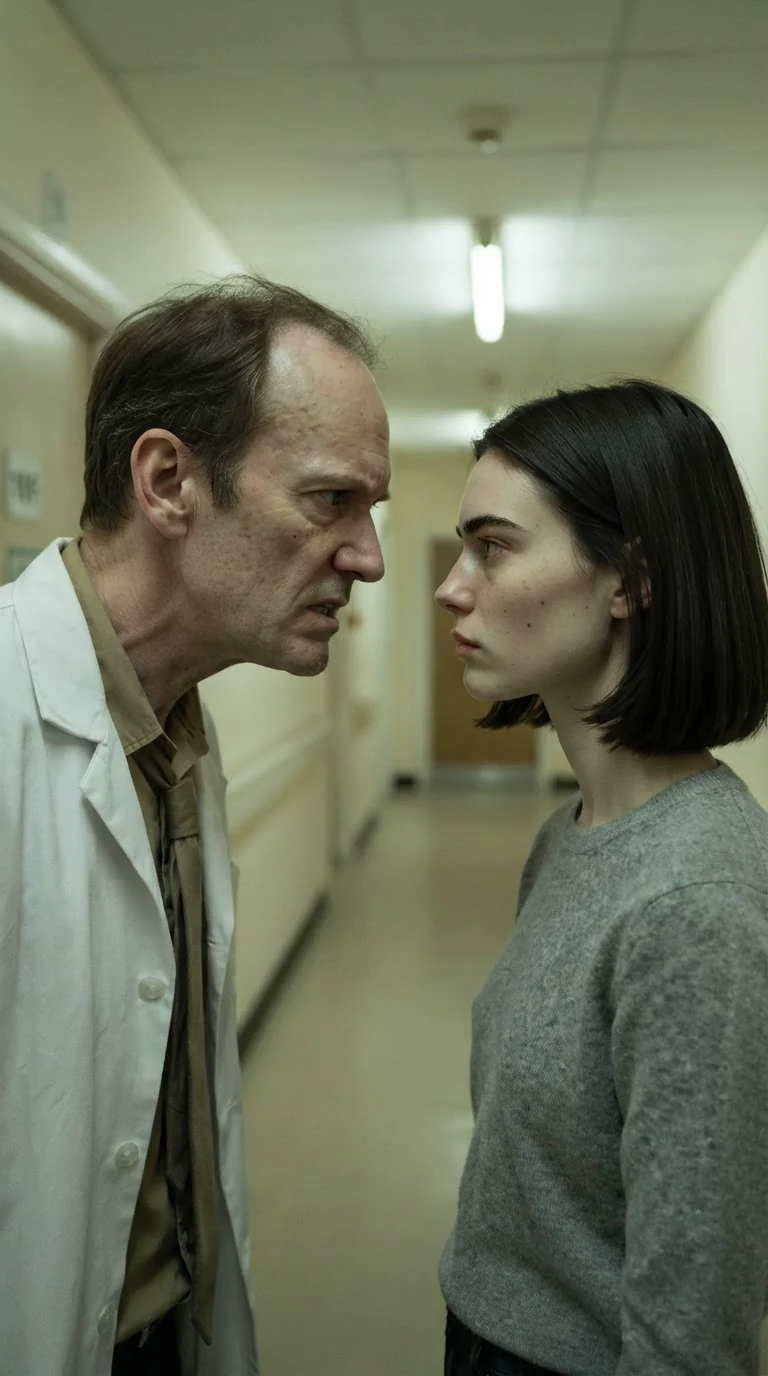 A doctor and a young woman face each other in an empty care home hallway.
