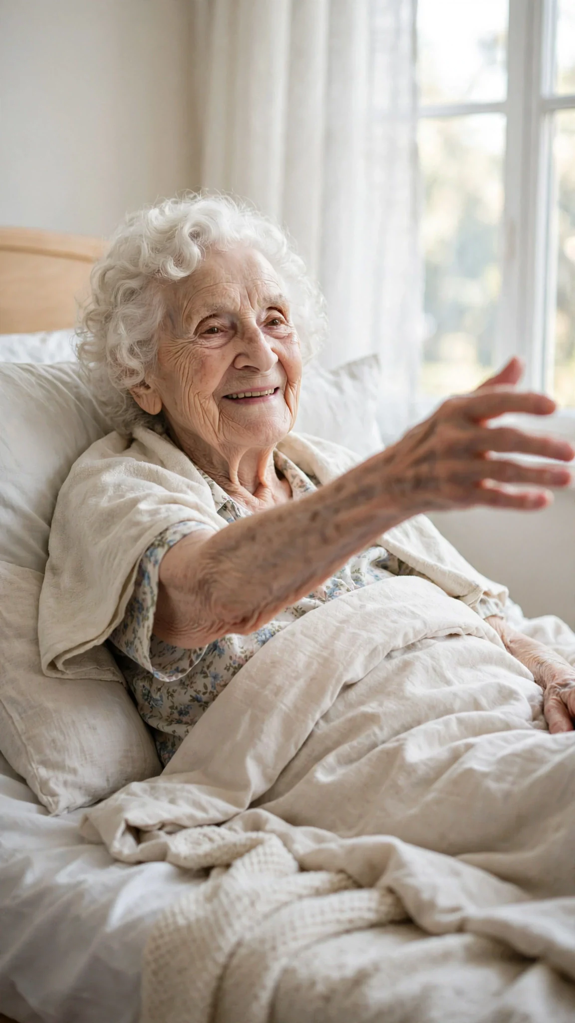 A frail elderly woman sits up in a bright care home room and reaches out.