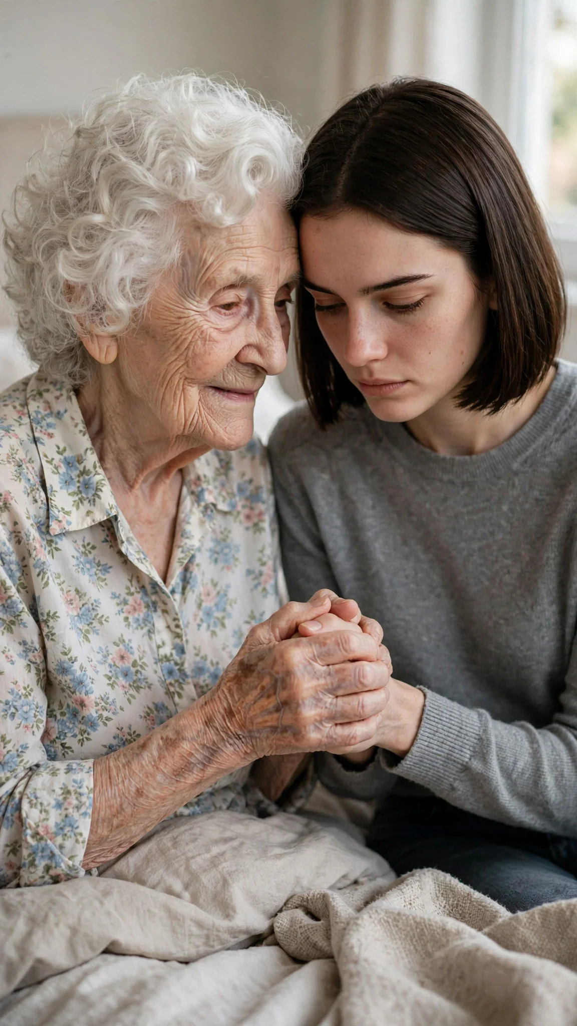 An elderly woman holds a young woman's hand in both of hers at her bedside.