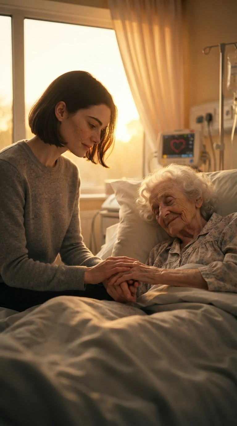 A young woman sits by an elderly woman's bed at dusk, both quiet.