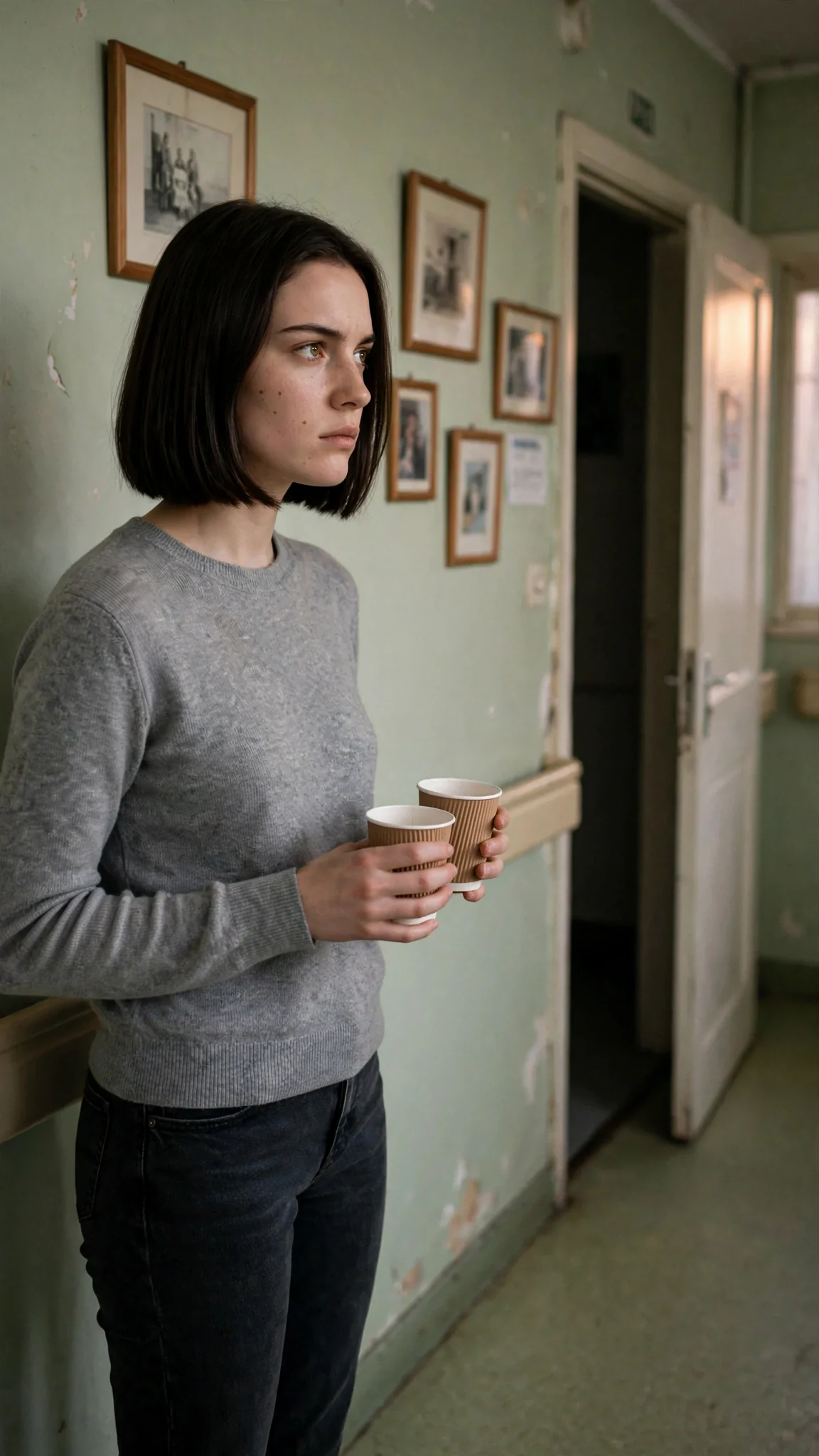 A young woman in a gray sweater stands in a care-home corridor holding two paper cups of tea, listening at a half-open door.