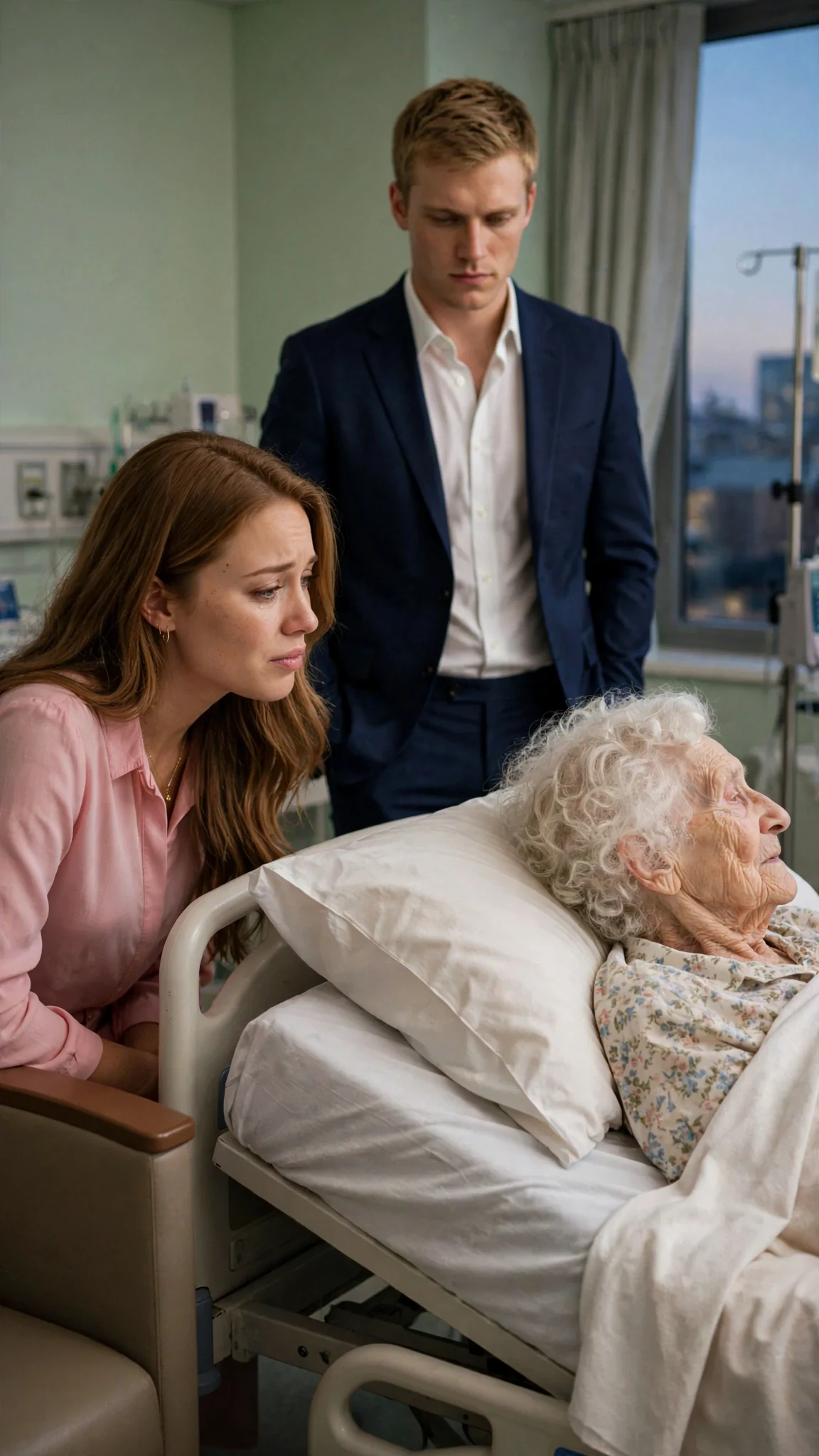 A petite woman with long honey-brown hair sits close to an old woman's hospital bed, talking, while a man in a navy suit stands by the window.