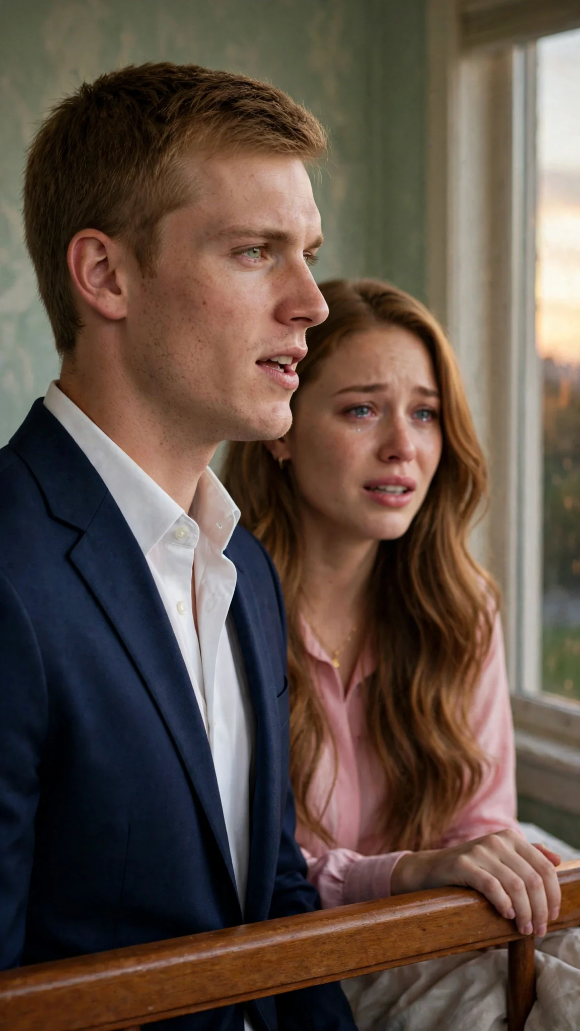 The man in the navy suit looks out the window with a flat, certain expression while the honey-haired woman leans toward the bed.