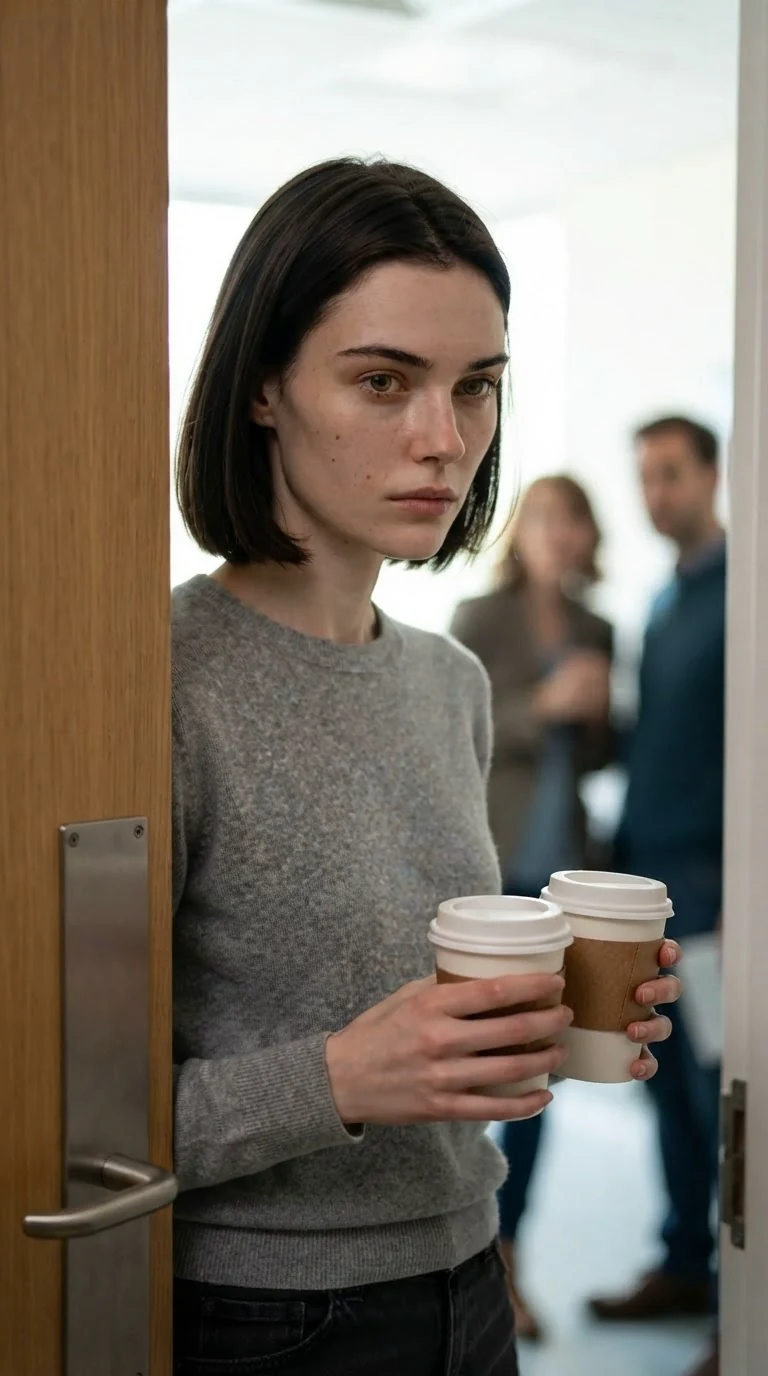 The woman in the gray sweater pushes the door open, both tea cups in her hands, cold fury on her face.