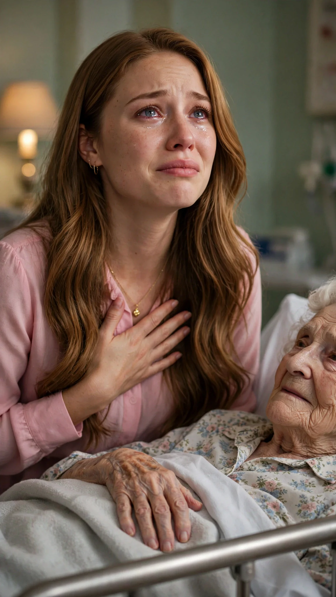 The honey-haired woman turns in her chair, eyes wet, one hand pressed to her chest in a performance of hurt.