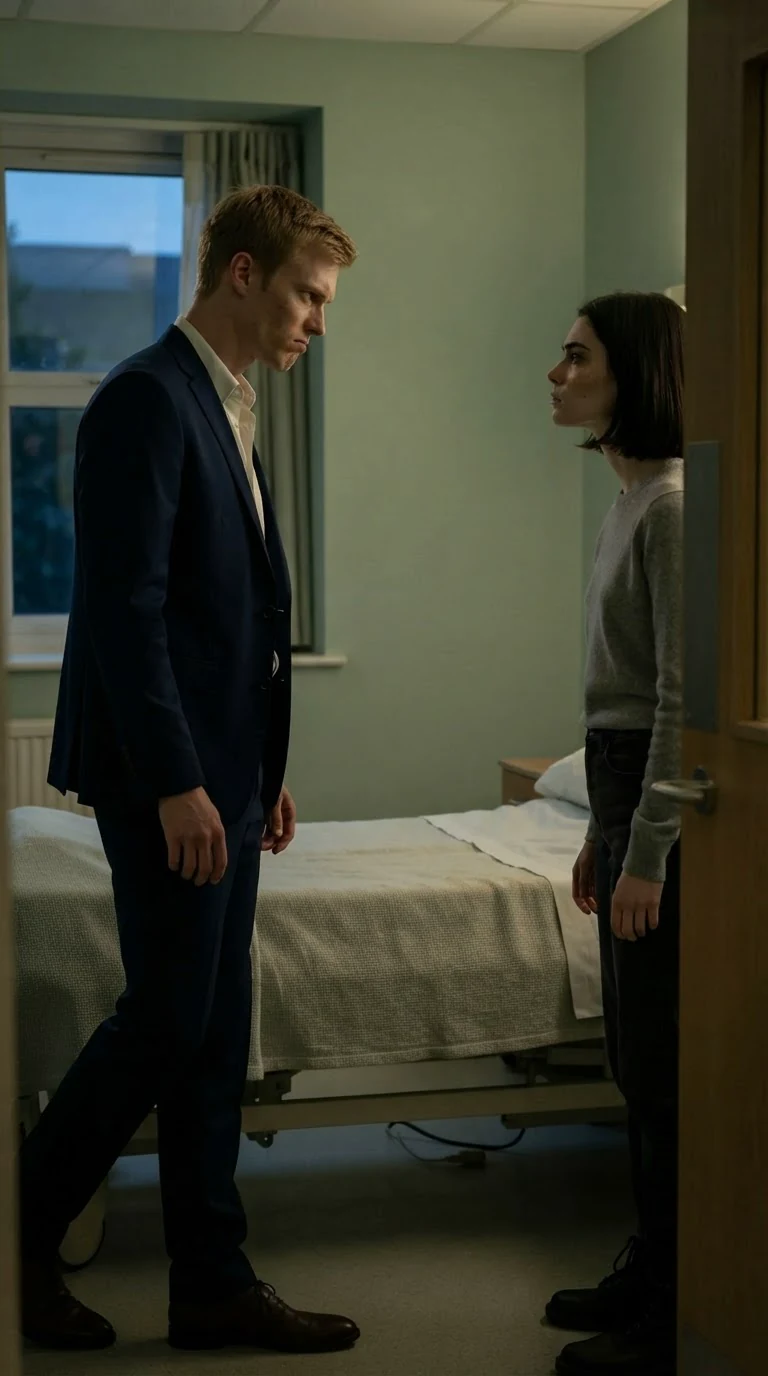 The man in the suit steps forward from the window, speaking at the woman in the gray sweater with open contempt.