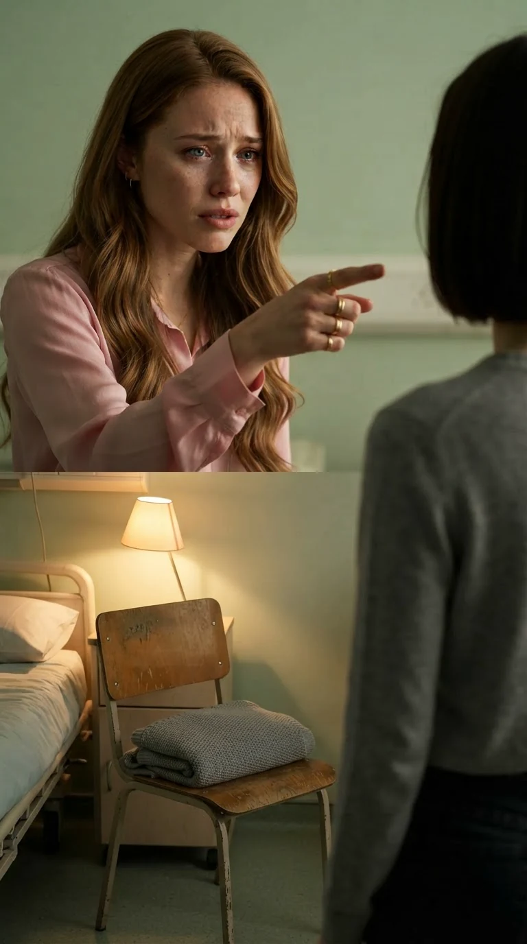 The honey-haired woman points a gold-ringed hand at the visitor's chair beside the bed.