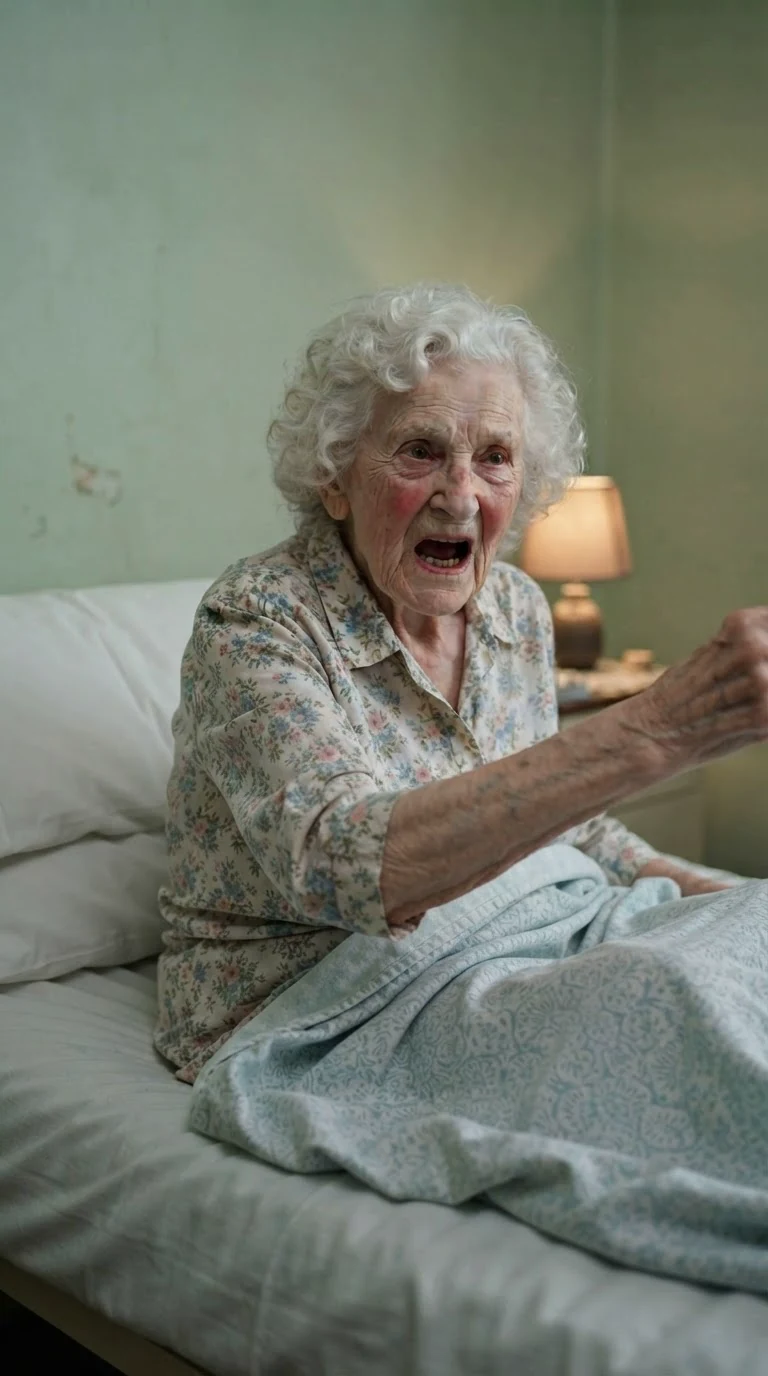 The frail white-haired woman pushes herself up in bed, one thin arm braced, her face fierce.