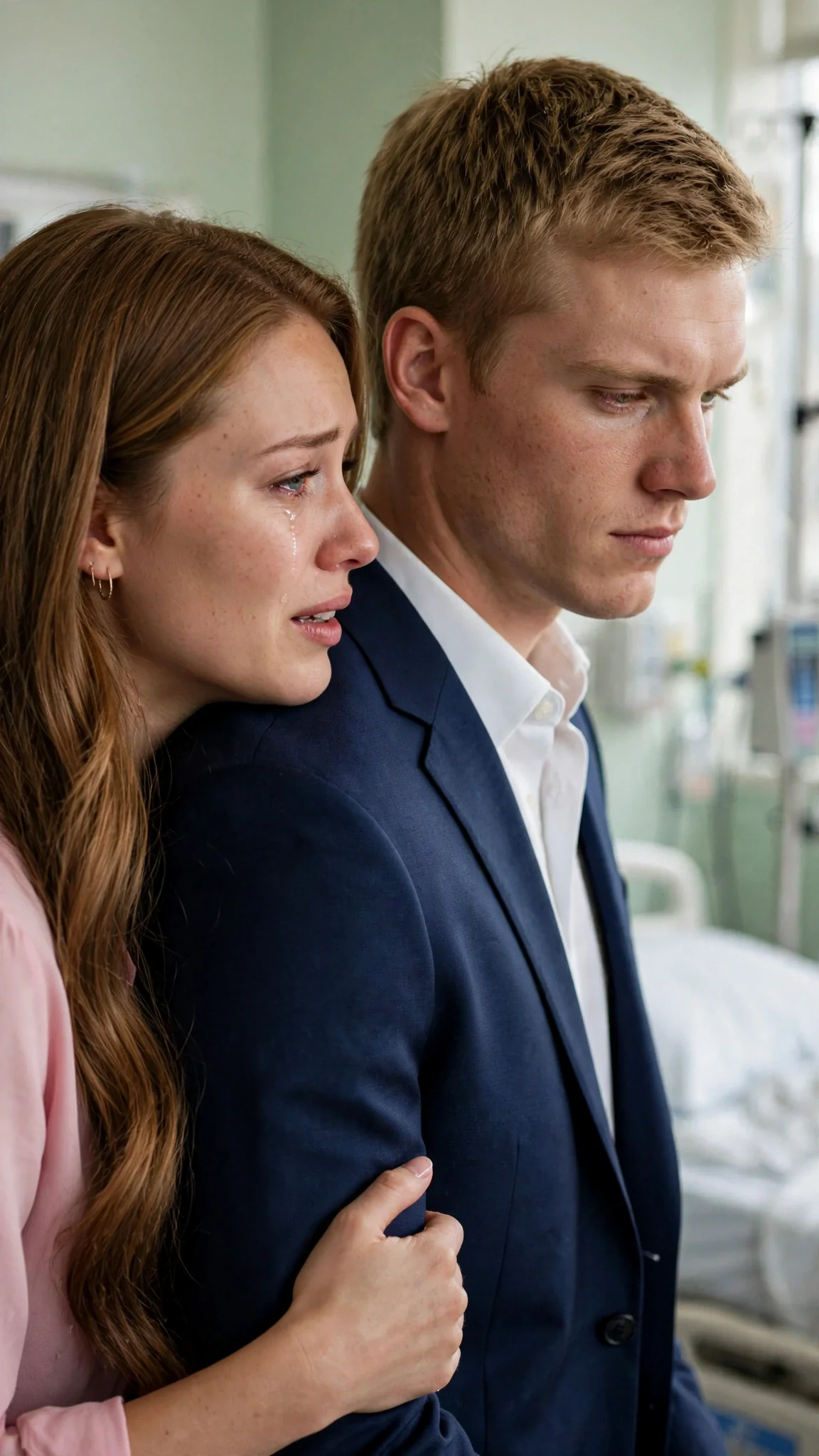 The honey-haired woman leans close to the man in the suit, whispering, her eyes flicking toward the bed.