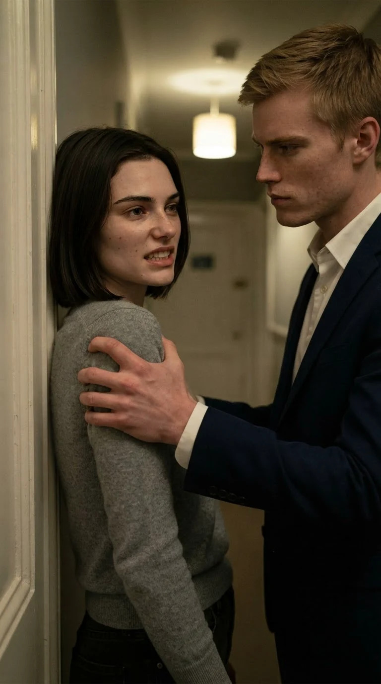 The man in the suit grips the woman's upper arm hard and walks her backwards into the doorframe.