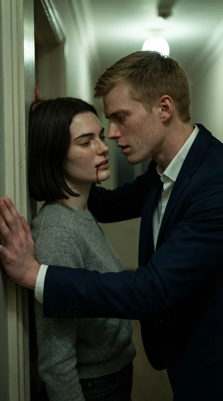 The woman's head knocks the doorframe edge, her eyes shut, a thread of blood at her lip as the man leans in close.