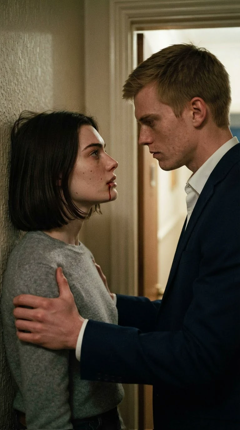 The woman in the gray sweater lifts her chin with the blood still on her lip and speaks straight into the man's face.