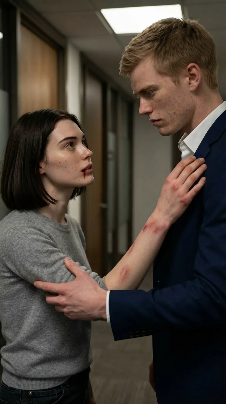 The woman in the gray sweater speaks to the man in the suit, and his grip loosens slightly on her arm.