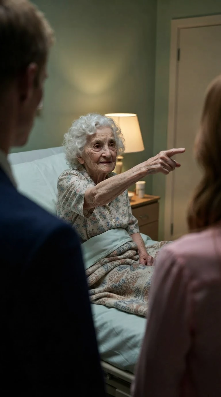 The old woman in the flowered blouse sits up straight in bed and points a thin arm at the door.