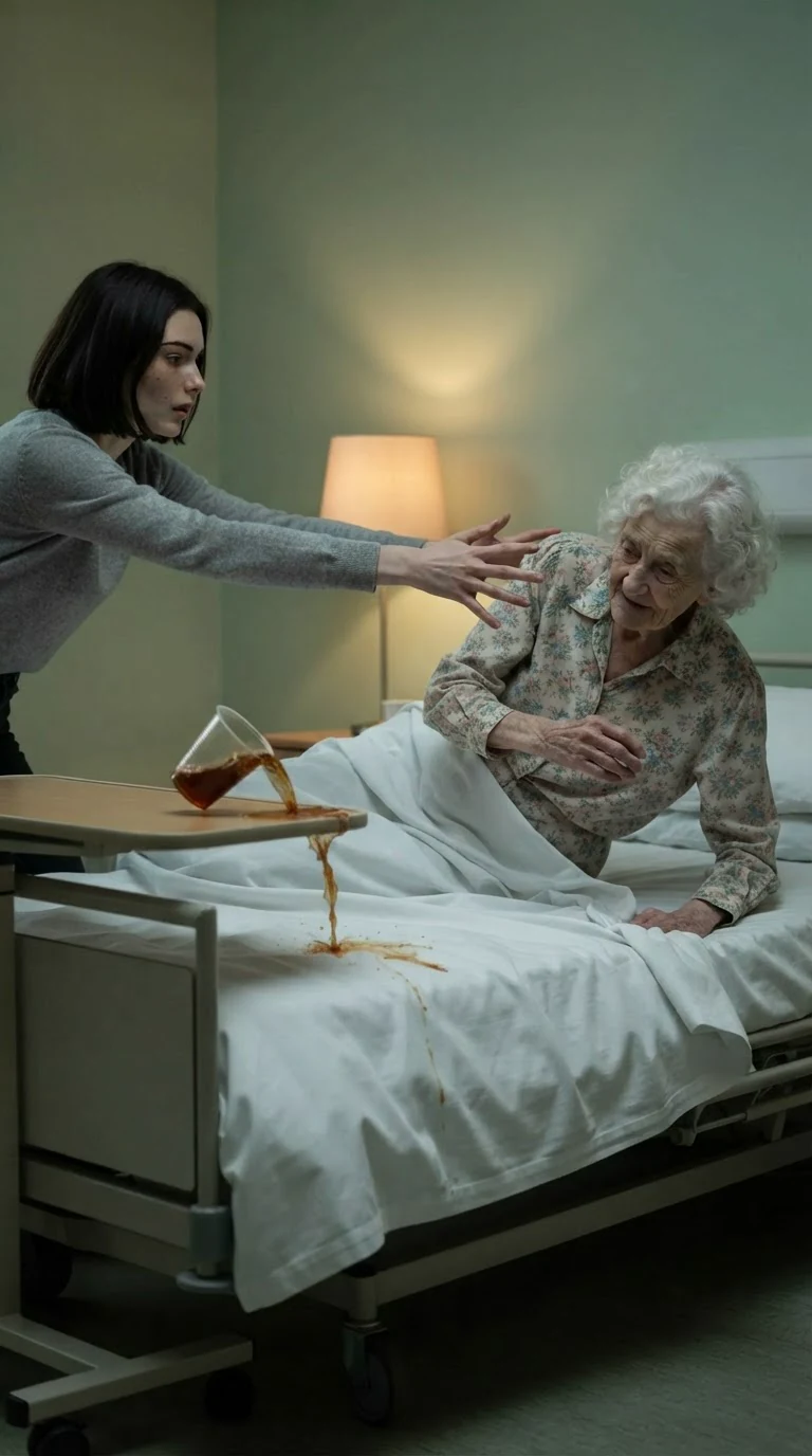 The old woman's elbow gives way and she folds sideways as a cup tips over and tea floods the sheet.