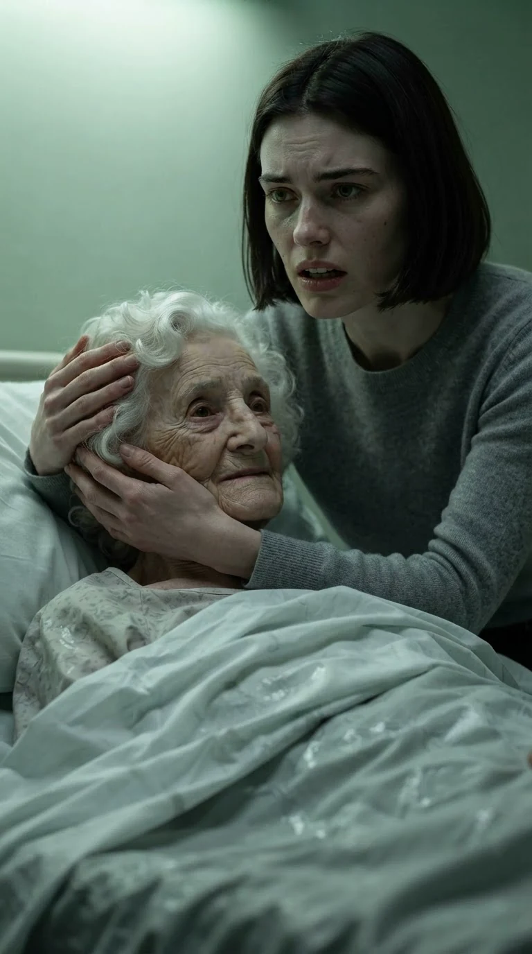 The young woman cradles the old woman's head, whose mouth drags down on one side as she tries to speak.