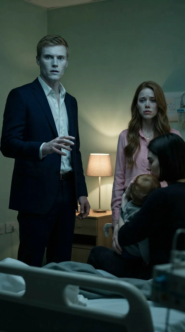 The man in the suit and the honey-haired woman stand frozen with their hands off the woman on the floor, the room gone silent.