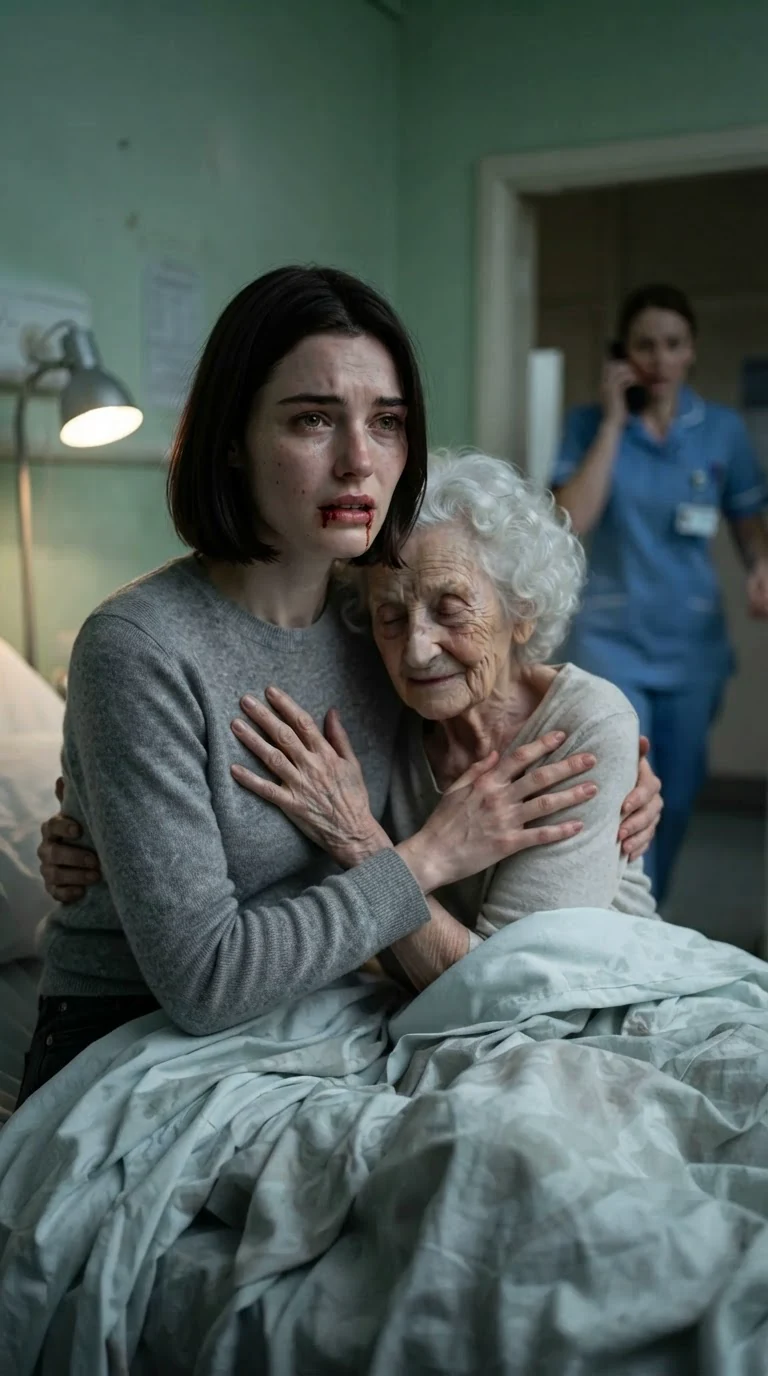 The young woman holds the old woman's head against her chest, listening to her shallow breath, her face wet.