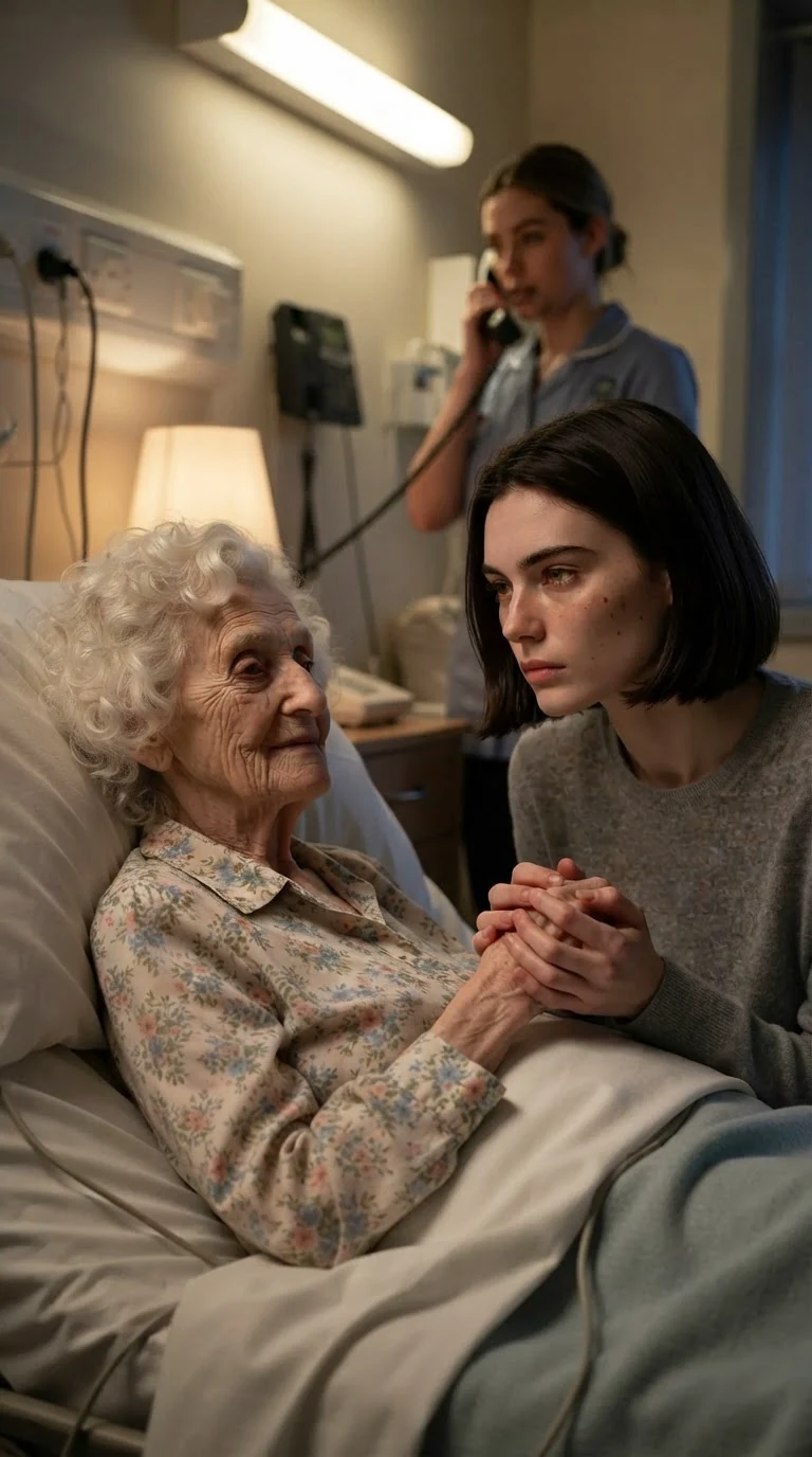 Odette holds Hattie's hand as Hattie lies slack-faced on the bed and a nurse calls for help.