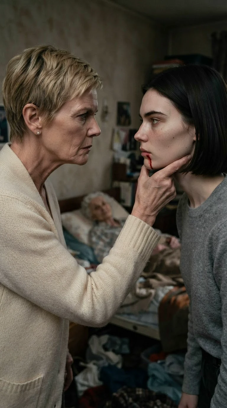 Bernice grips Odette's jaw while blood runs down Odette's chin.