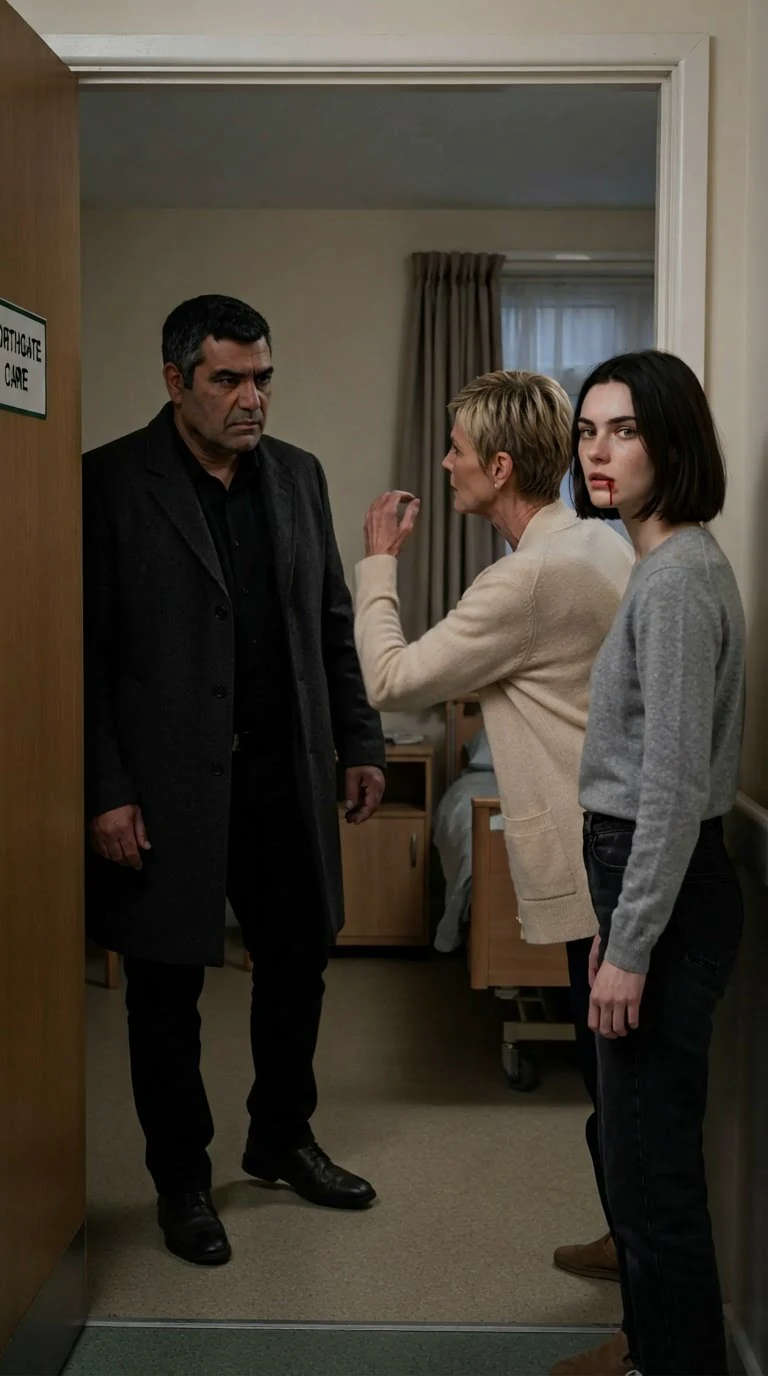 Rowan enters the room in a charcoal coat and stares Bernice down.