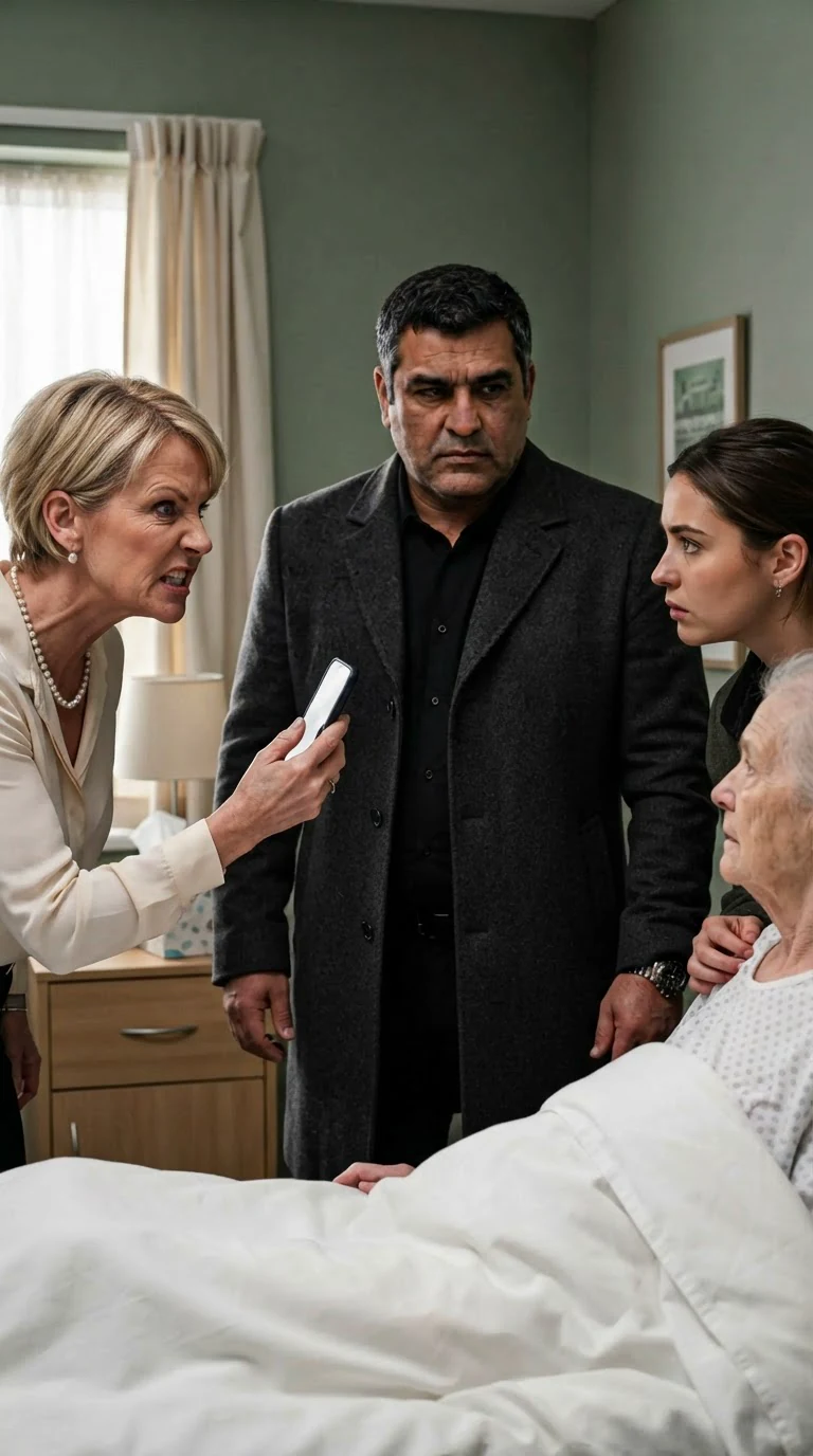 Rowan stands between Bernice and Hattie's bed, blocking the phone in Bernice's hand.