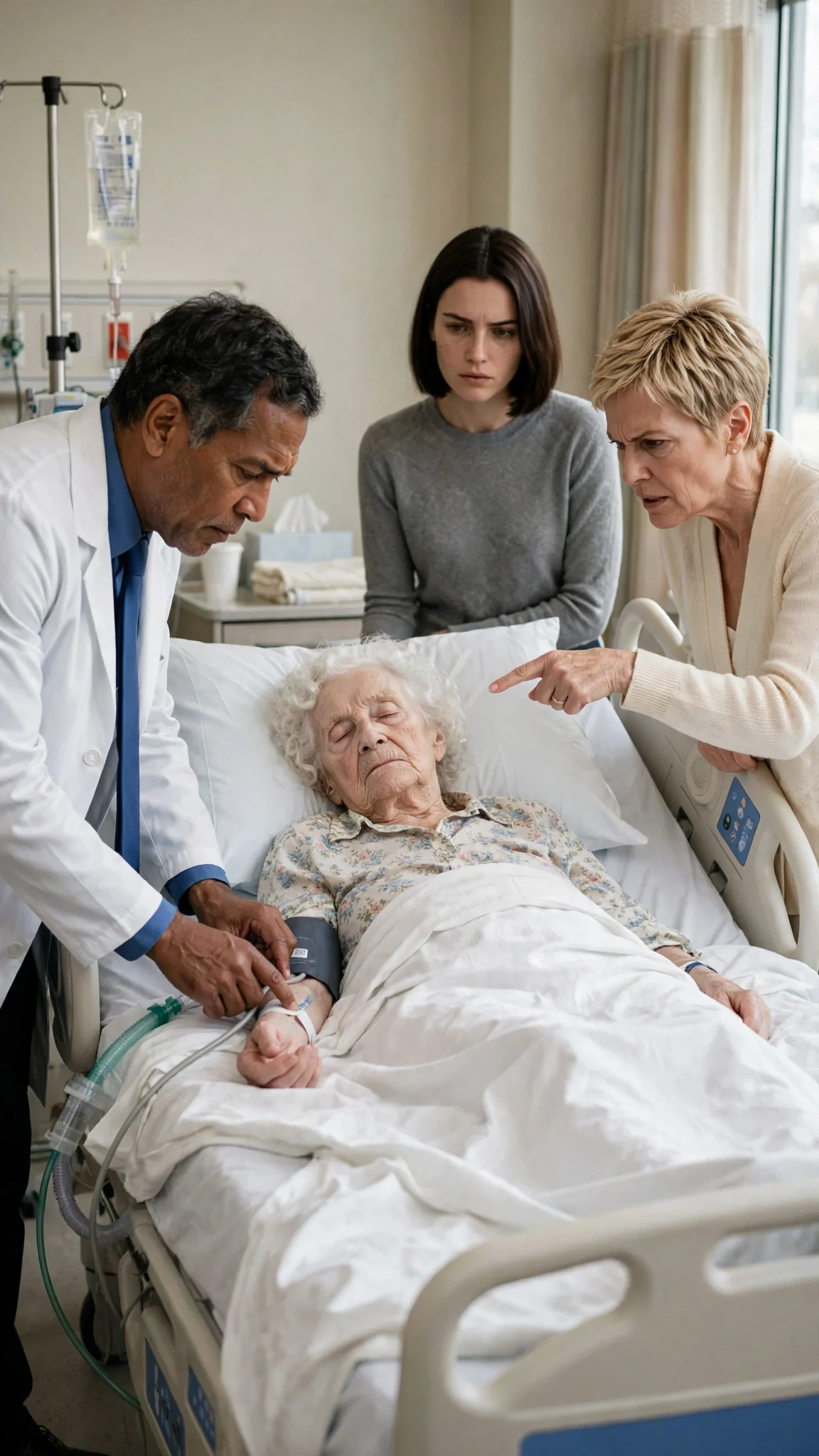 Kell checks Hattie while Bernice points at him and Odette.