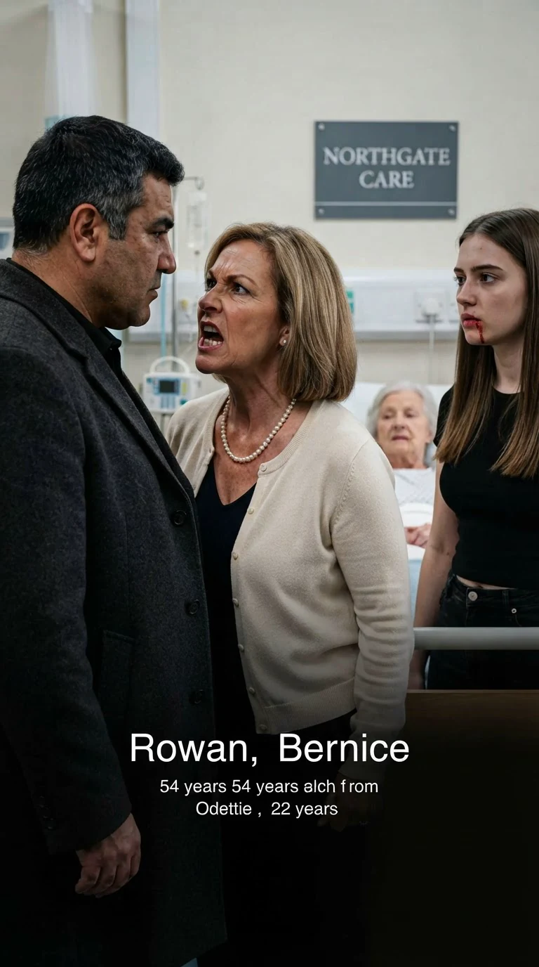 Rowan faces Bernice while Odette stands tall beside Hattie's bed.