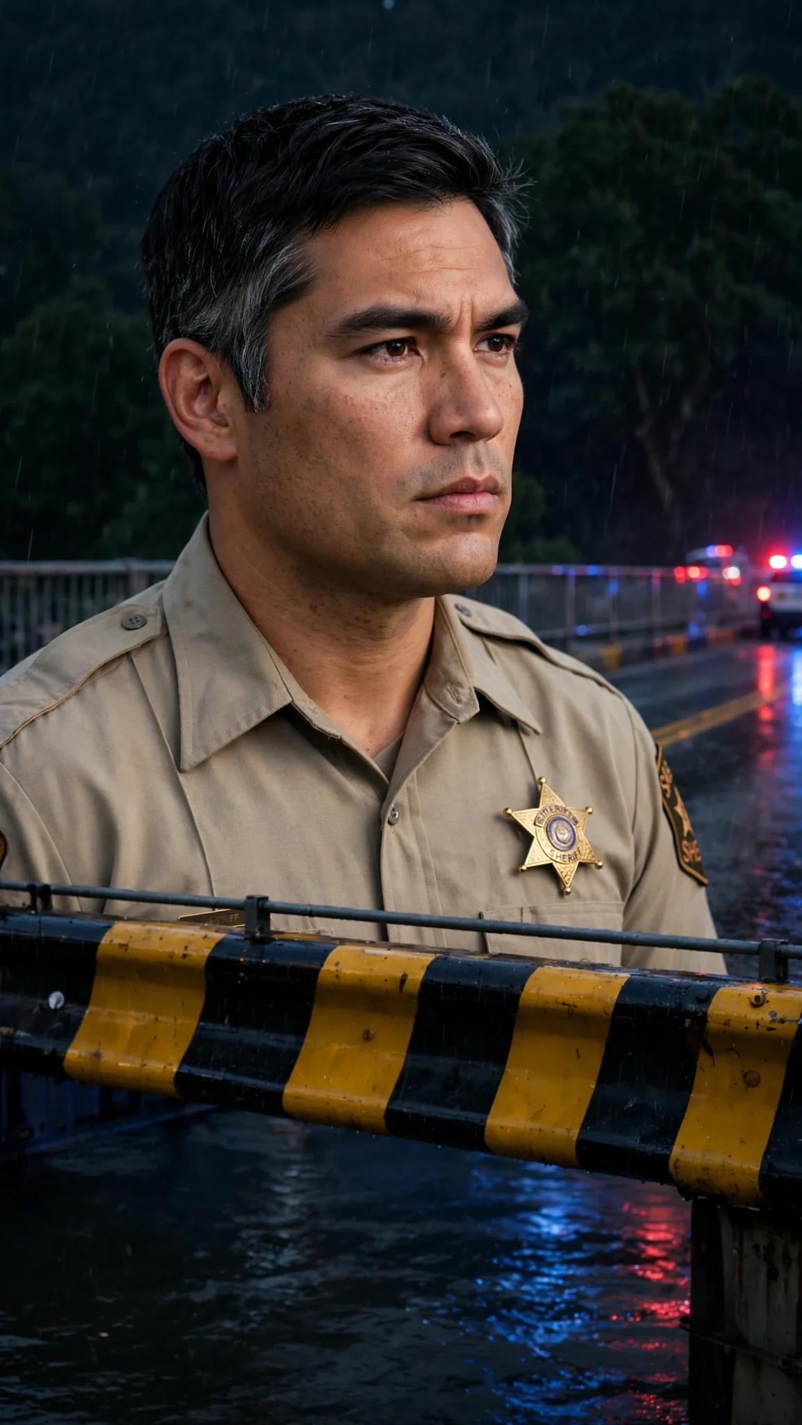 A tall sheriff in uniform stands at a river bridge in pre-dawn light, red and blue lights washing the trees.