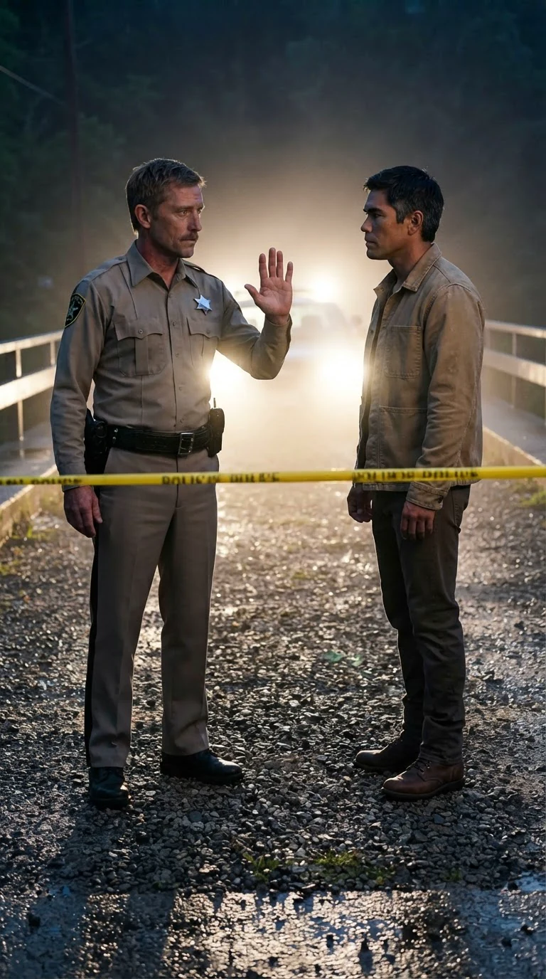A sandy-haired deputy in a tan uniform holds up a hand to stop the sheriff.