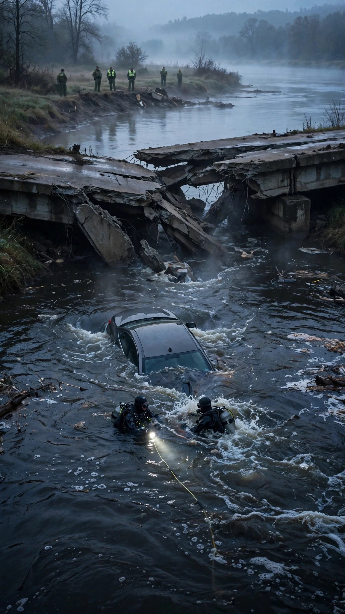 Divers in the river around a car sunk nose-down in dark water.
