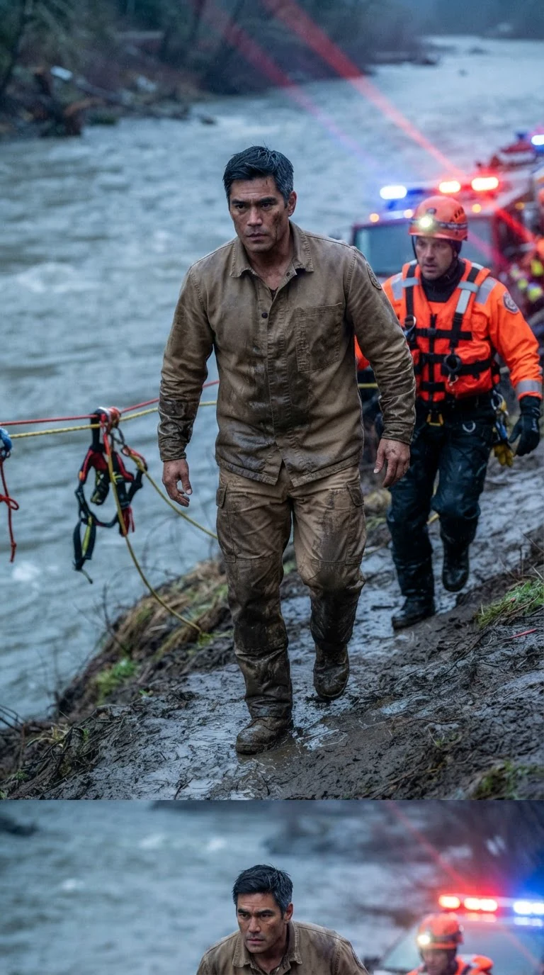 The sheriff walks down a muddy bank past rescue workers.