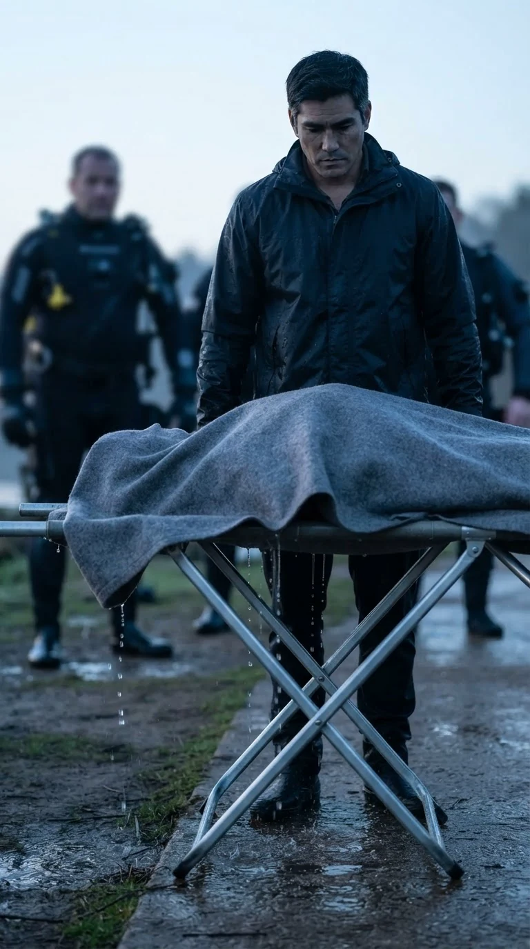 A covered stretcher on the wet riverbank with the sheriff standing over it.