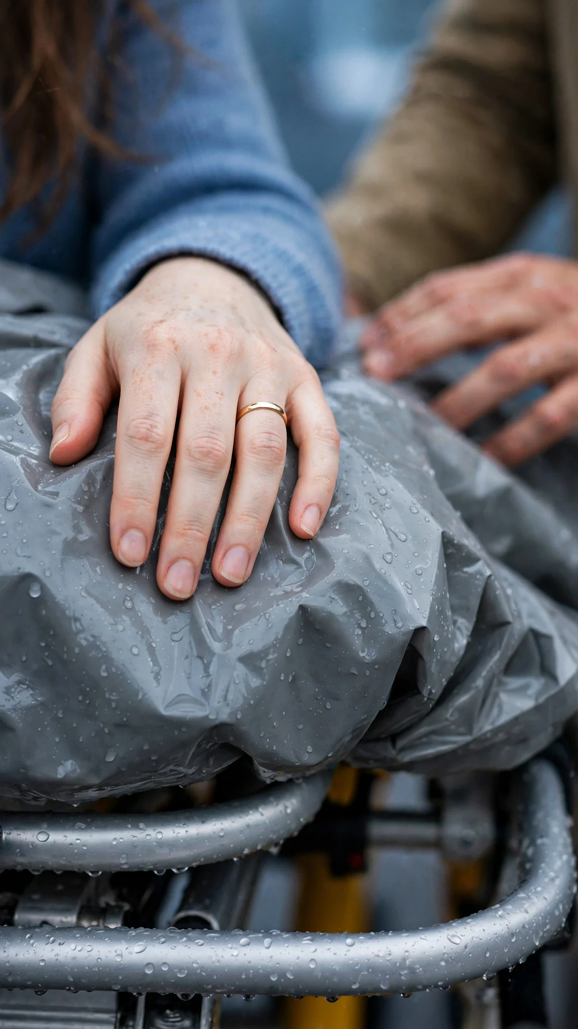 A dead woman's hand slips from under the blanket, a plain gold ring on it.