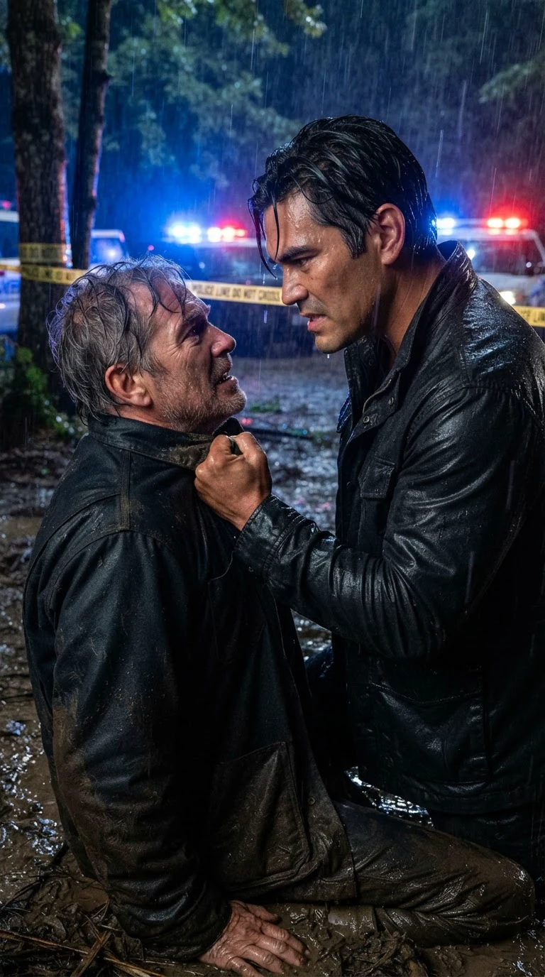 The sheriff grips a bystander by the collar, faces inches apart.
