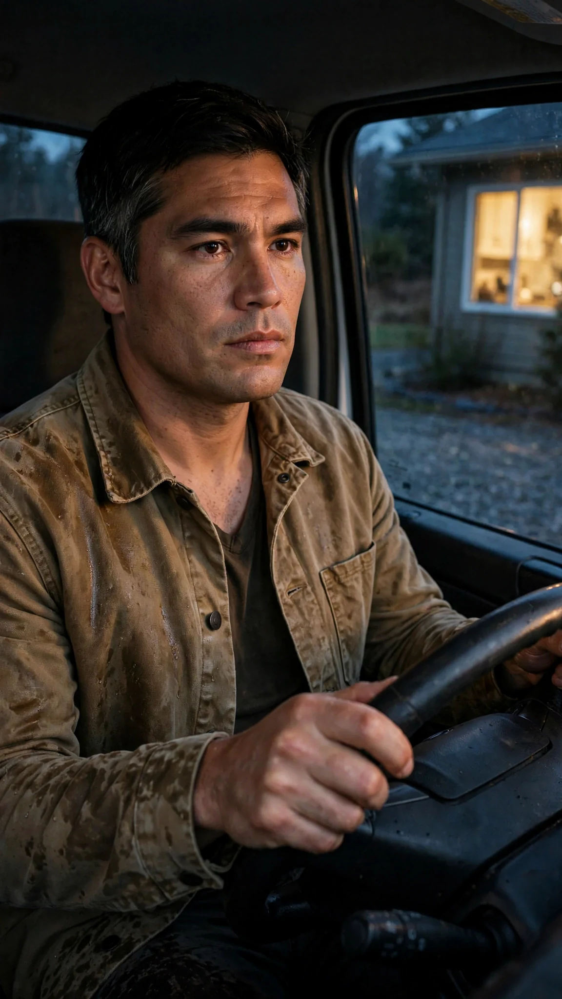 The sheriff sits alone in his truck in a driveway at dusk, hands on the wheel.