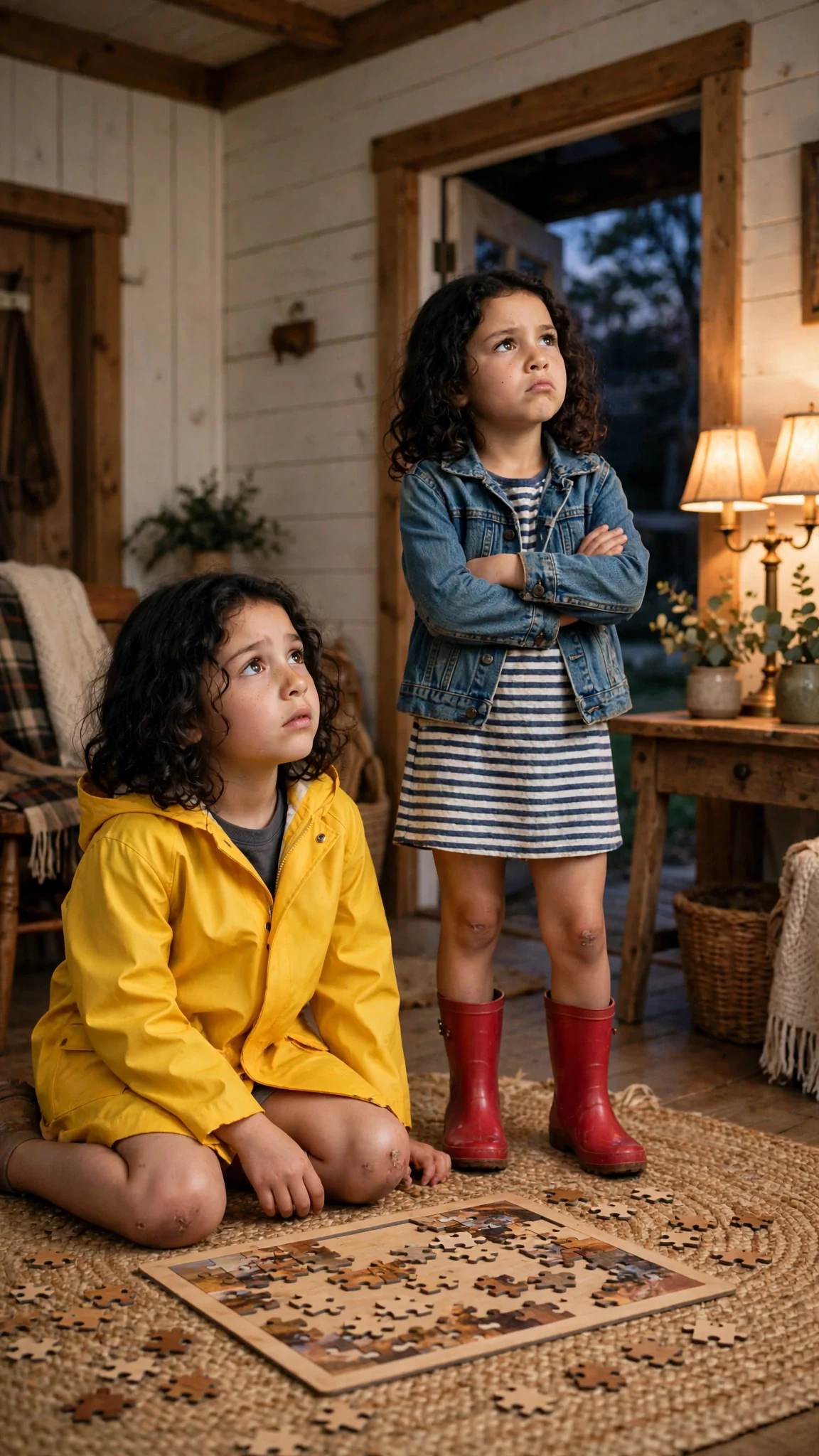 One twin sits on the floor with a puzzle, the other stands with arms crossed in red boots.