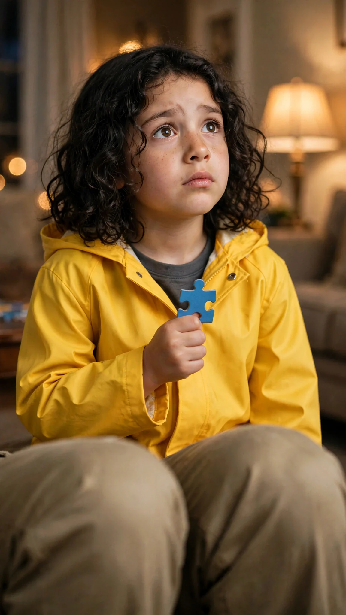 The girl in the yellow raincoat looks up with a small worried face.
