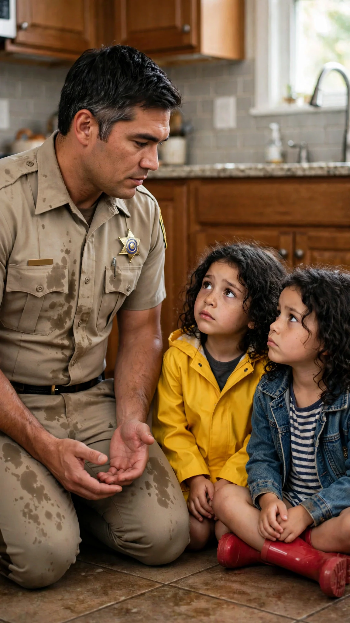 The sheriff kneels on the kitchen floor to be level with his two daughters.
