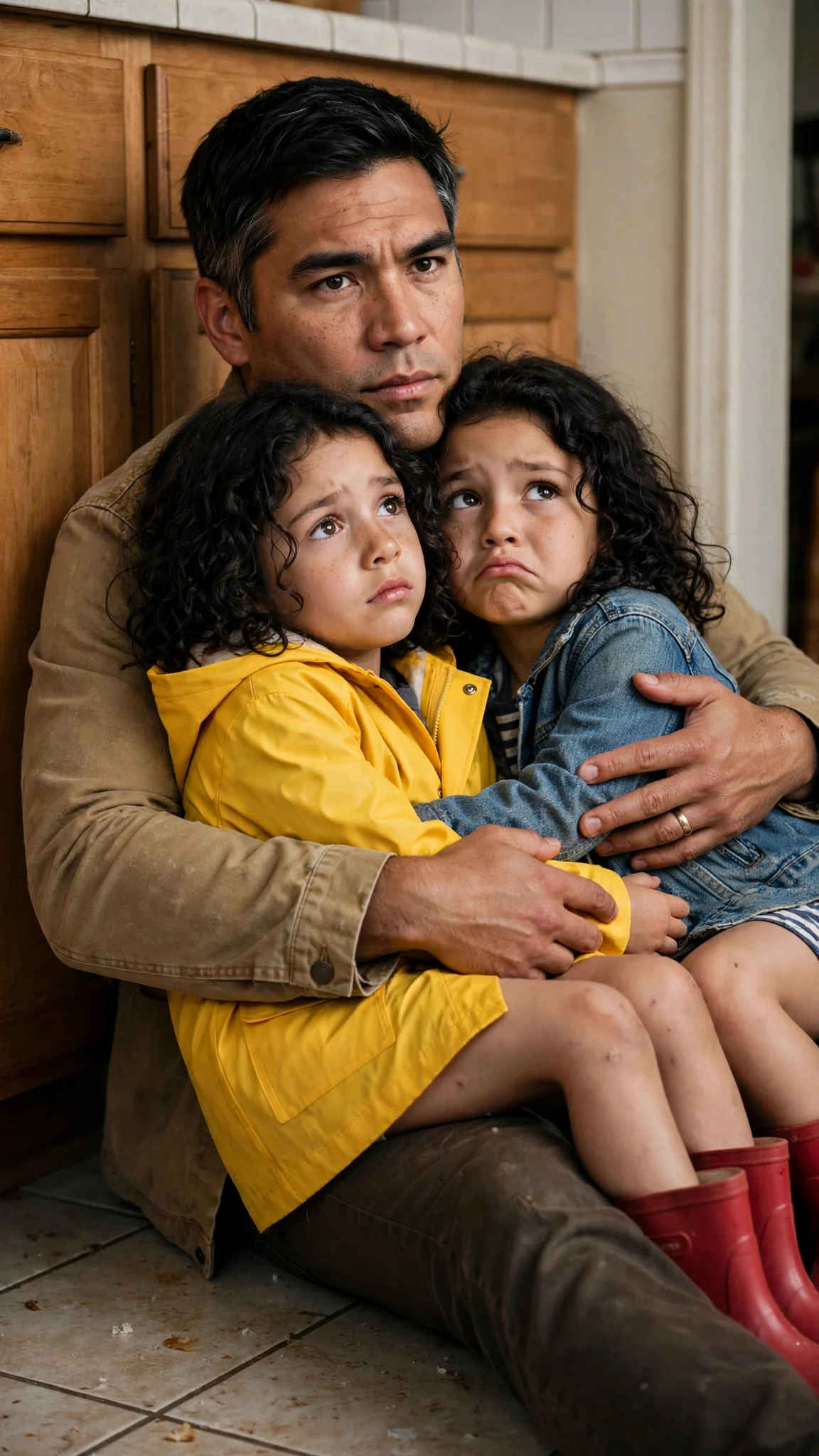 The sheriff holds his daughters close on the kitchen floor, speaking a vow.