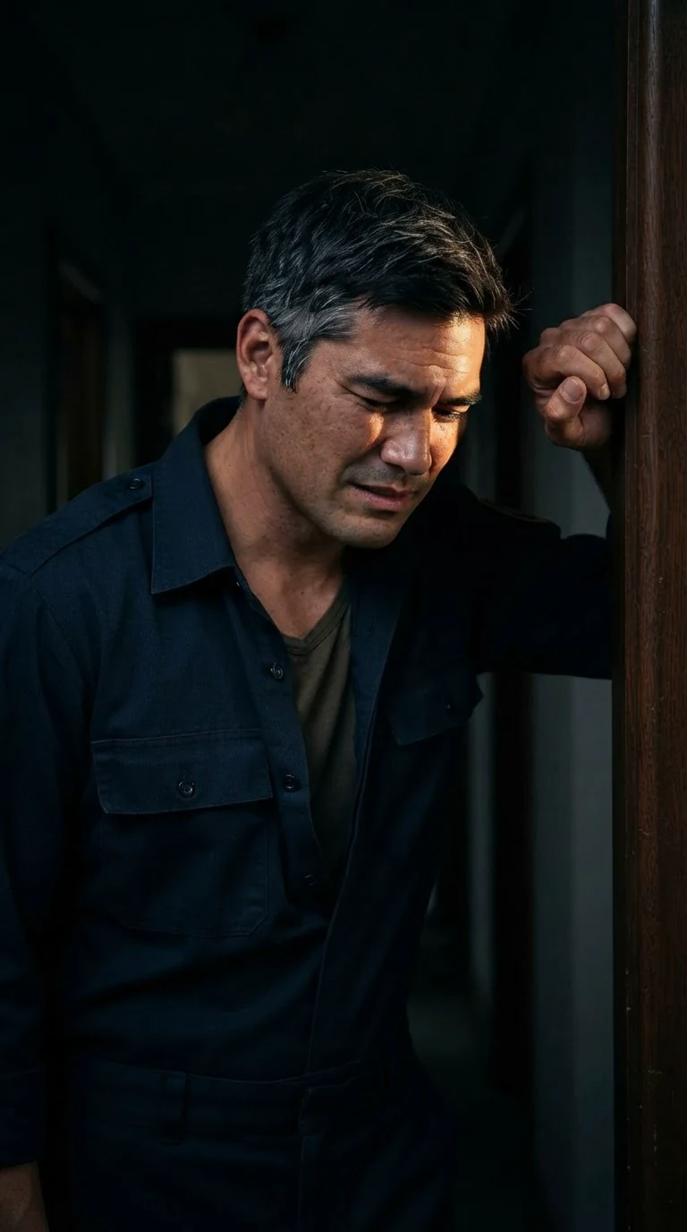 The sheriff's face in the dark hallway after the girls are asleep.