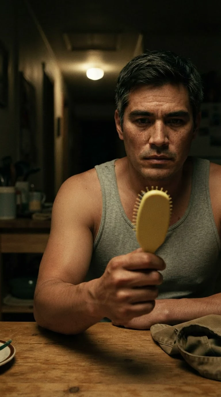 The sheriff sits at the kitchen table in the dark with a child's hairbrush in his hand.